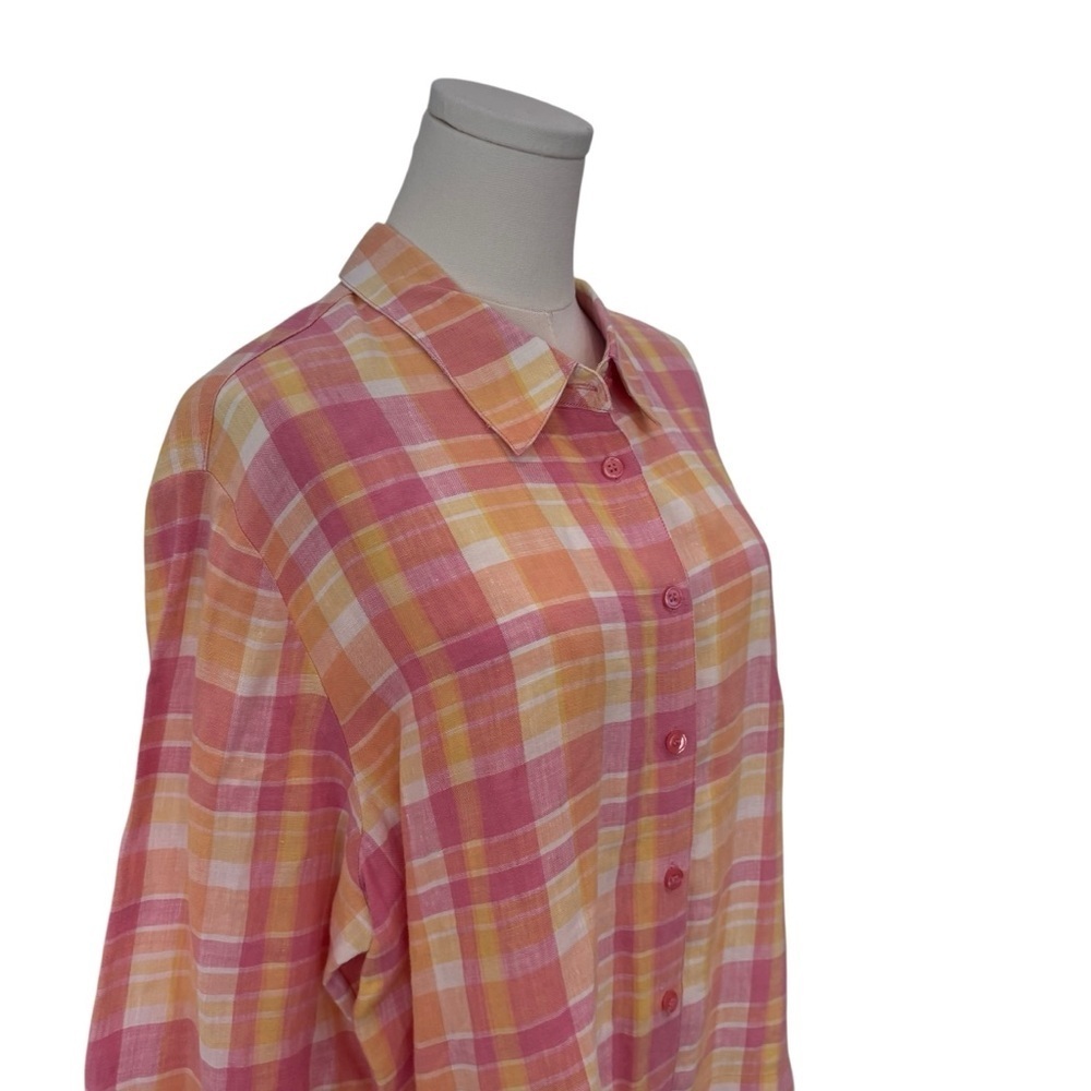 Women's XL Pastel Pink Yellow Plaid 100% Linen Boxy Button-Up Breathable Shirt - Picture 6 of 9